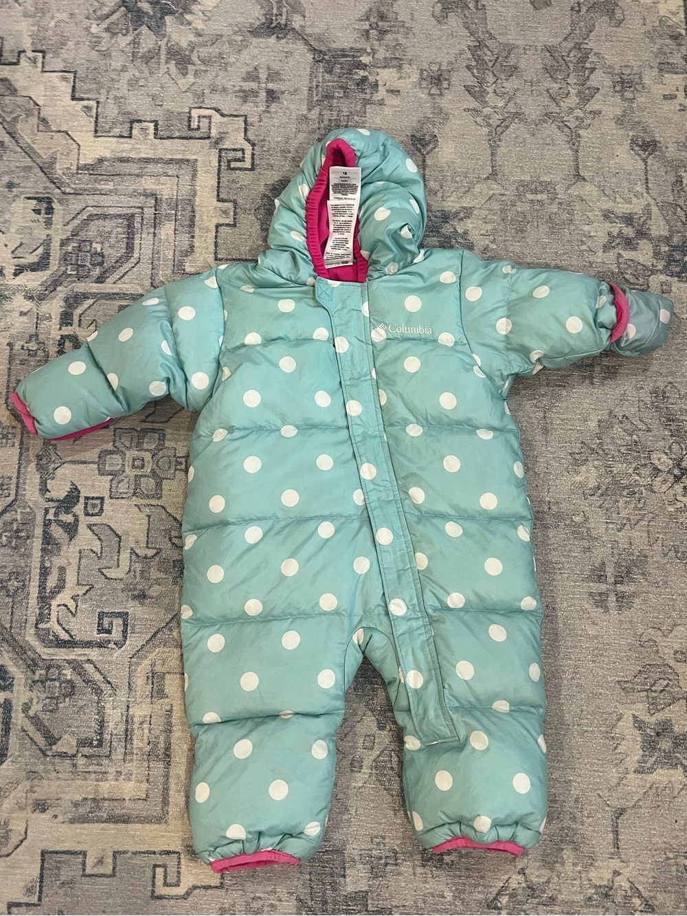 Columbia 18M Baby Down Snowsuit Mint Green Polka Dot Pink Hooded Puffer